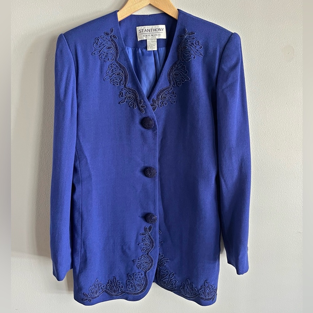 Vintage St Anthony Evening Blue Embroidered Blazer Jacket Wool Size 8